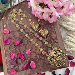 Vriksham Gold Look Alike Dual Elephant Long Neckpiece-Red Green-Gold Bead-G18104