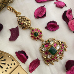 Vriksham Antique Red Green & White Stone 1 gm Gold Maang Tikka-G17087