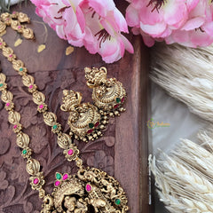 Vriksham Gold Look Alike Dual Elephant Long Neckpiece-Red Green-Gold Bead-G18104