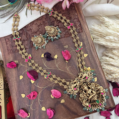 Vriksham Lakshmi With Dual Peacock 2 Layered Long Neckpiece-Red Green-Pastel Green Bead-G18105