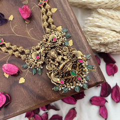 Vriksham Lakshmi With Dual Peacock 2 Layered Long Neckpiece-Red Green-Pastel Green Bead-G18105