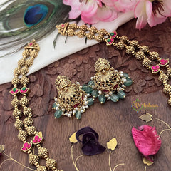 Vriksham Lakshmi With Dual Peacock 2 Layered Long Neckpiece-Red Green-Pastel Green Bead-G18105