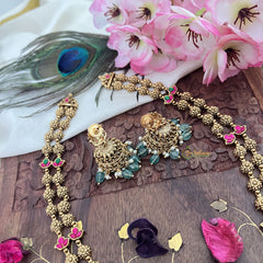 Vriksham Lakshmi With Dual Peacock 2 Layered Long Neckpiece-Red Green-Pastel Green Bead-G18105
