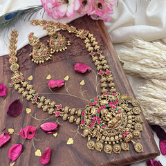 Vriksham Gold Look Alike Lakshmi 2 Layer Long Neckpiece-Red Green-Gold Coin-G18063