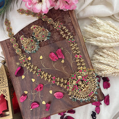 Vriksham Gold Look Alike Lakshmi 2 Layer Long Neckpiece-Red Green-Pastel Green Bead-G18064