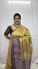 Vriksham Golden Yellow With Lavender Work Border Pure Soft Silk Saree-VS4844