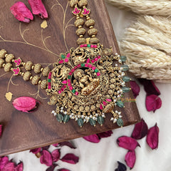 Vriksham Gold Look Alike Lakshmi 2 Layer Long Neckpiece-Red Green-Pastel Green Bead-G18064