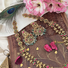Vriksham Gold Look Alike Lakshmi 2 Layer Long Neckpiece-Red Green-Pastel Green Bead-G18064