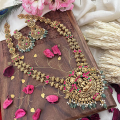 Vriksham Gold Look Alike Lakshmi 2 Layer Long Neckpiece-Red Green-Pastel Green Bead-G18064