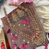 Vriksham Gold Look Alike Lakshmi 2 Layer Long Neckpiece-Red-Pastel Green Bead-G18065