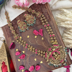 Vriksham Gold Look Alike Lakshmi 2 Layer Long Neckpiece-Red-Pastel Green Bead-G18065