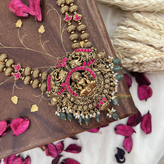 Vriksham Gold Look Alike Lakshmi 2 Layer Long Neckpiece-Red-Pastel Green Bead-G18065