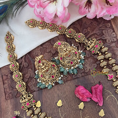 Vriksham Gold Look Alike Lakshmi 2 Layer Long Neckpiece-Red-Pastel Green Bead-G18065