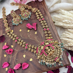 Vriksham Gold Look Alike Lakshmi 2 Layer Long Neckpiece-Red-Pastel Green Bead-G18065
