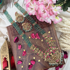 Vriksham Exquisite Lakshmi Layered Green Beaded Haaram Long Neckpiece-Pastel Green Bead-G18119