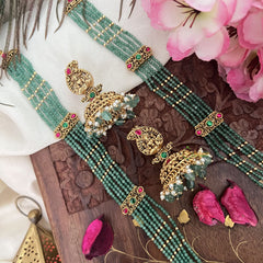 Vriksham Exquisite Lakshmi Layered Green Beaded Haaram Long Neckpiece-Pastel Green Bead-G18119