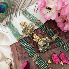 Vriksham Exquisite Lakshmi Layered Green Beaded Haaram Long Neckpiece-Pastel Green Bead-G18119