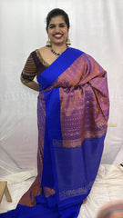 Vriksham Dual Tone Pink  Floral Design With Blue Border Pure Soft Silk Saree-VS4845