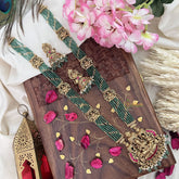 Vriksham Gold Look Alike Lakshmi Pendant Green Bead Haram-Red-Pastel Green Bead-G18051