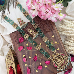 Vriksham Gold Look Alike Lakshmi Pendant Green Bead Haram-Red-Pastel Green Bead-G18051