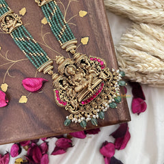 Vriksham Gold Look Alike Lakshmi Pendant Green Bead Haram-Red-Pastel Green Bead-G18051