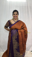 Vriksham Orange Peal With Blue Border Pure Soft Silk Saree-VS4856