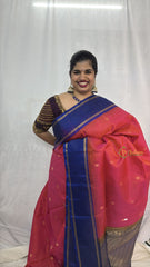 Vriksham Classic Red Butta Design With Blue Border Pure Soft Silk Saree-VS4847