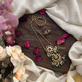 Vriksham Floral with Lakshmi Pendant Chain-Green Bead-Red Green-G15679