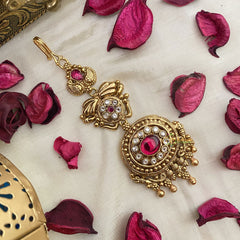 Red White AD Stone 1 gm Gold Maang Tikka -G14321