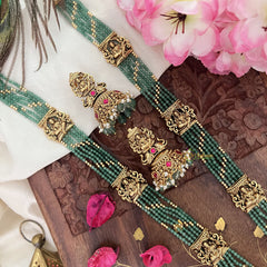 Vriksham Gold Look Alike Lakshmi Pendant Green Bead Haram-Red-Pastel Green Bead-G18051