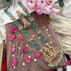 Vriksham Gold Look Alike Lakshmi Pendant Green Bead Haram-Red-Pastel Green Bead-G18051