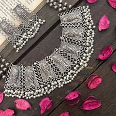 Vriksham Antique Silver Fish Motif Necklace With Pearl Detailing Neckpiece-S1047
