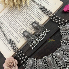 Vriksham Antique Silver Fish Motif Necklace With Pearl Detailing Neckpiece-S1047