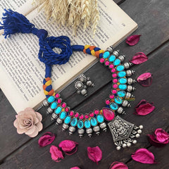Vriksham Boho Oxidized Silver With Pink & Blue Stones Lakshmi Neckpiece-S1048