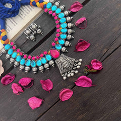 Vriksham Boho Oxidized Silver With Pink & Blue Stones Lakshmi Neckpiece-S1048
