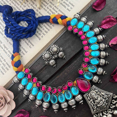 Vriksham Boho Oxidized Silver With Pink & Blue Stones Lakshmi Neckpiece-S1048