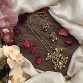 Vriksham Half Moon Pendant Chain-Golden Bead-Red Green-G15663