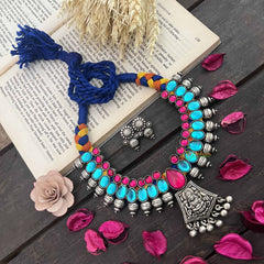 Vriksham Boho Oxidized Silver With Pink & Blue Stones Lakshmi Neckpiece-S1048