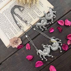 Vriksham Oxidized Silver Double Peacock Tribal Jewelry with Chain and Pearl Accents Neckpiece-S1050