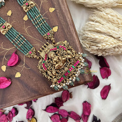 Vriksham Lakshmi With Dual Elephant Pendant Green Bead Haram-Red Green-Pastel Green Bead-G18107