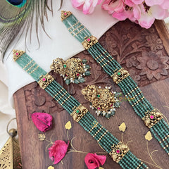 Vriksham Lakshmi With Dual Elephant Pendant Green Bead Haram-Red Green-Pastel Green Bead-G18107