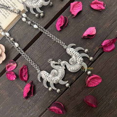 Vriksham Oxidized Silver Double Peacock Tribal Jewelry with Chain and Pearl Accents Neckpiece-S1050