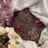 Vriksham Half Moon Pendant Chain-Golden Bead-Red-G15662