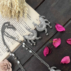 Vriksham Oxidized Silver Double Peacock Tribal Jewelry with Chain and Pearl Accents Neckpiece-S1050