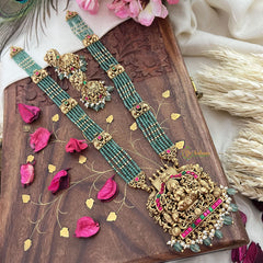 Vriksham Lakshmi With Dual Elephant Pendant Green Bead Haram-Red Green-Pastel Green Bead-G18107