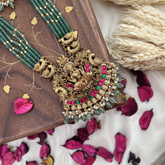 Vriksham Lakshmi Pendant Green Bead Haram-Red Green-Pastel Green Bead-G18047