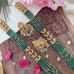 Vriksham Lakshmi Pendant Green Bead Haram-Red Green-Pastel Green Bead-G18047