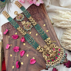 Vriksham Lakshmi Pendant Green Bead Haram-Red Green-Pastel Green Bead-G18047