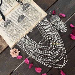 Vriksham Multi-Layered Pearl Beaded Oxidized Silver Long NeckPiece-S1053