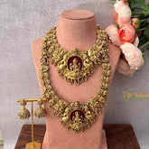Vriksham Gopuram Lakshmi Temple Red Beaded Nakshi Bridal Set-Gold Bead-G22009